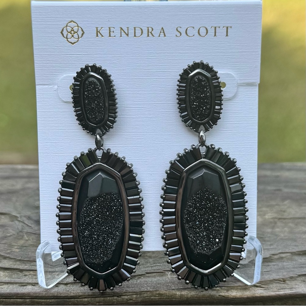 Kendra Scott Black Drusy Kaki Gunmetal LUXE Earrings RARE